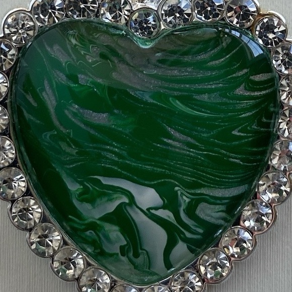 Handmade Green Heart Fluid Art Necklace with Rhinestone Border on Black Cord - Picture 6 of 15